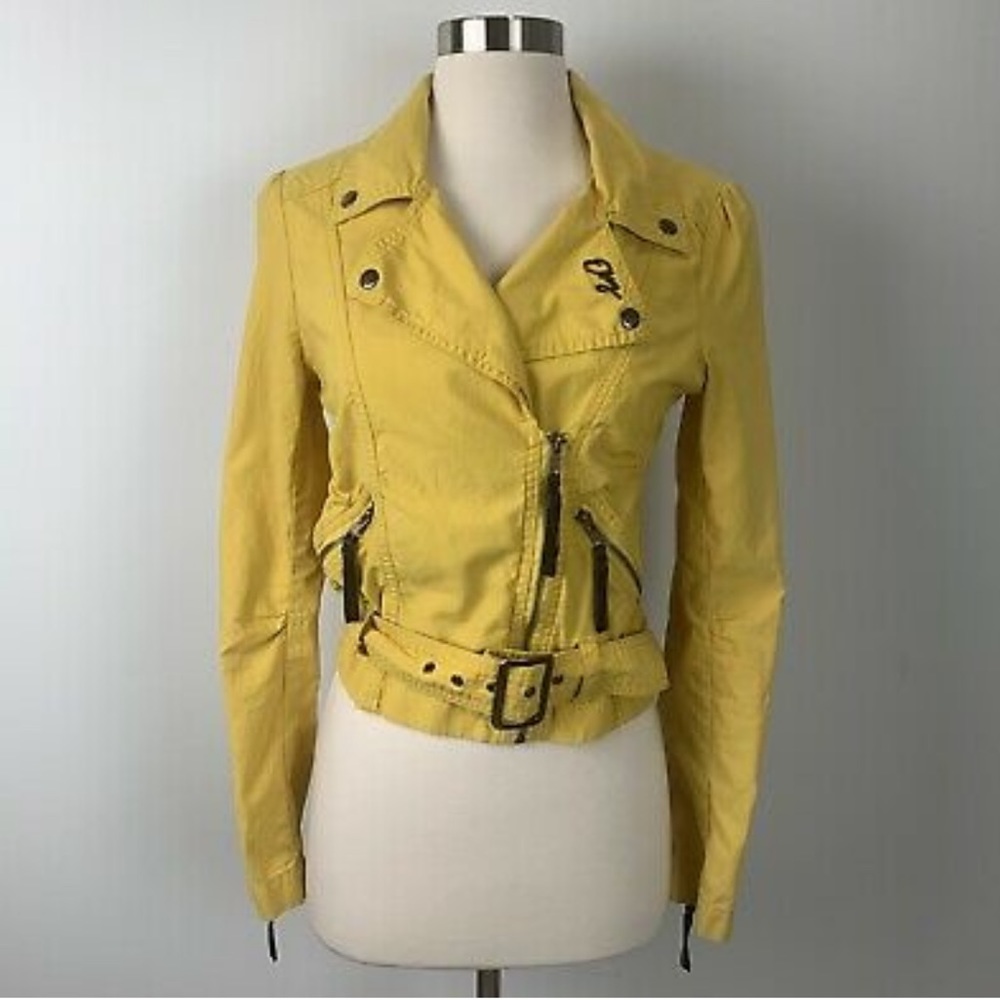 Obey Yellow Belted Biker Jacket Sz XS
